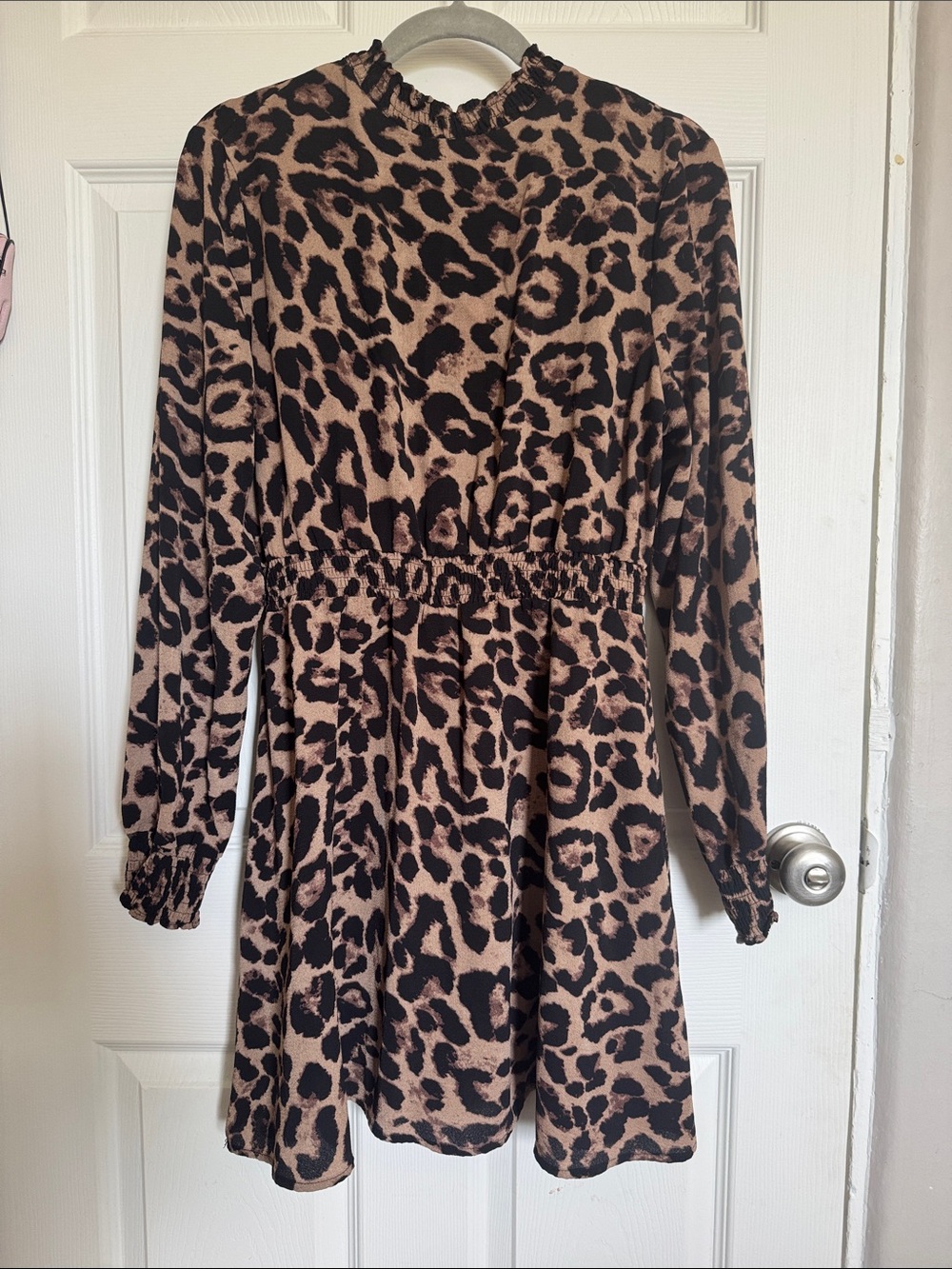 Leopard Print Long Sleeve Mini Dress - Tan & Black